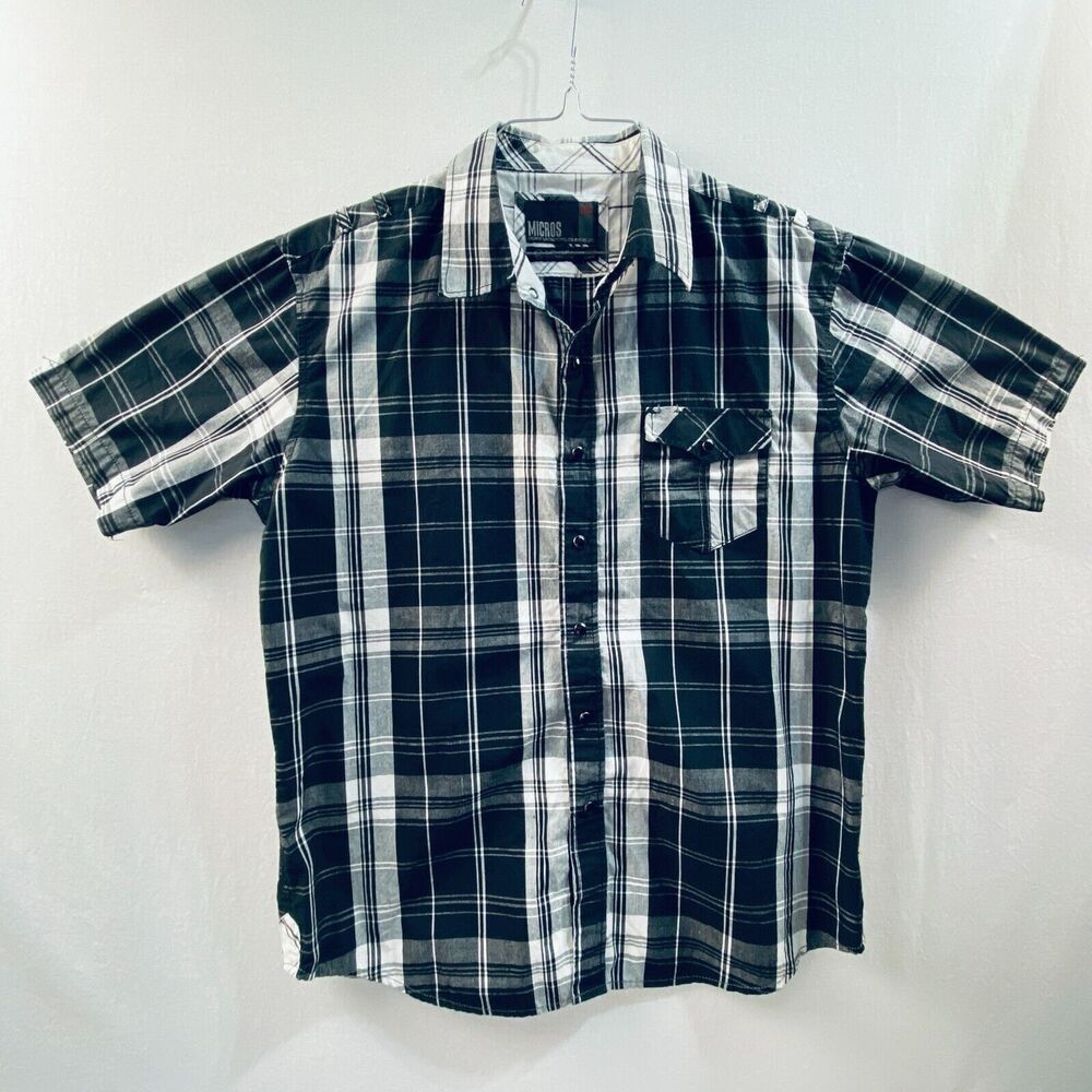 Micros Home Grown Los Angeles Men’s Medium M Pearl Snap Shirt Plaid Black White